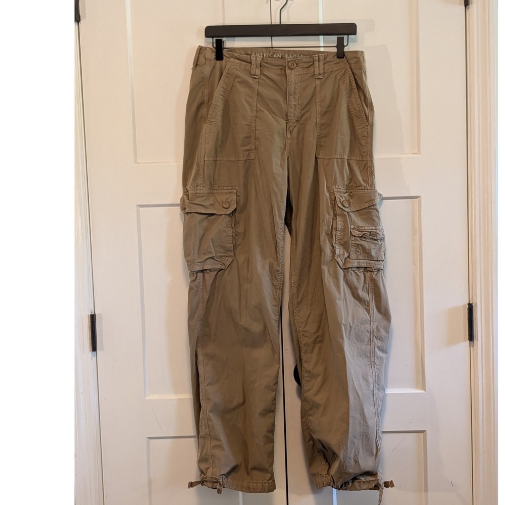 American Eagle Womens 10 Long Khaki Cargo Pants Stretch Y2K Utility Baggy Jogger